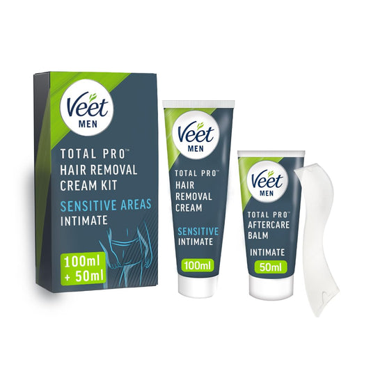 Veet Men Intimate Hair Removal Kit, Mens Hair Removal Cream 100ml, After Shave Balm 50ml, 1 Spatula, Hair Removal Cream For Genitals, Pubic Hair Removal, Intimate Hair Removal Single