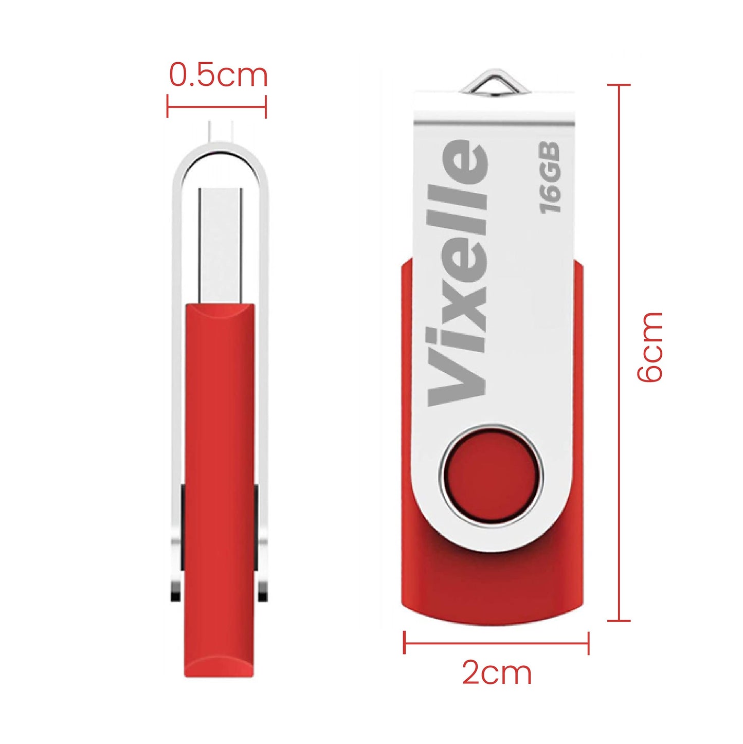 Vixelle 3 Pack 16GB High Speed USB 2.0 Flash Drives – 360° Swivel Metal Style USB Stick Pen Drive with Keychain Loop – 16GB USB Memory Sticks Bulk Pack for PC, Mac, TV, Car Audio – Red 3 Pack Red