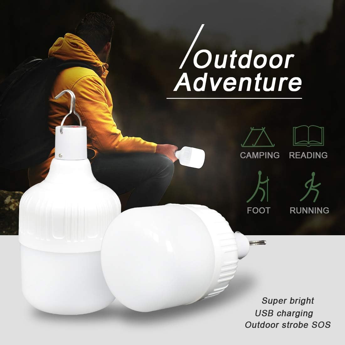 2Pcs Camping Lights,Camping Lantern LED Work Light Bulb USB Rechargeable Lighting Dimmable,30W 2000 Lumens 5 Lighting Modes,Portable Tent Light for Emergency,Camping,Patio,Garden,BBQ,Hiking,Fishing 15.9 x 14.9 x 7.9 cm