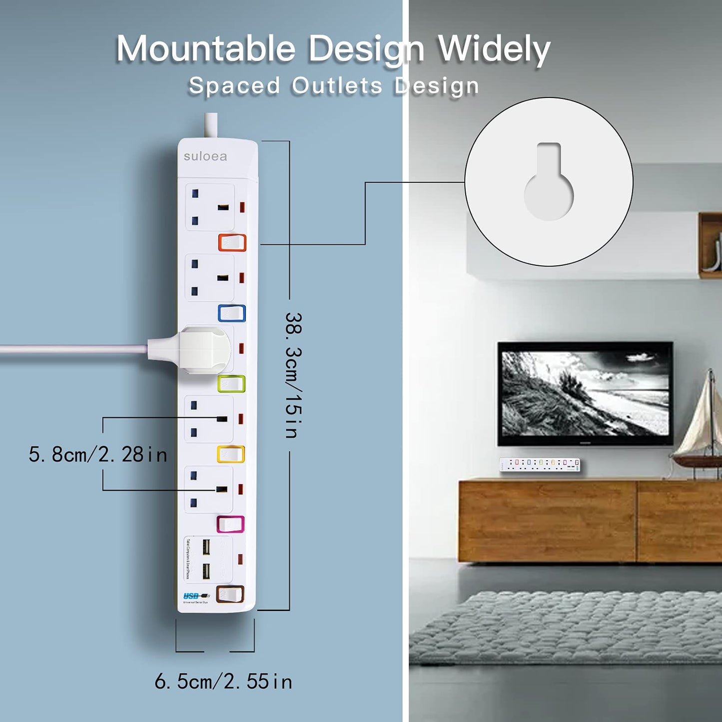 3M Extension Lead with USB Slots,13A 5 Way Socket Extensions with Individual Switches,2 USB (2.4A) Plug Extension Mountable Surge Protection Extension Cord for Home Office 3M