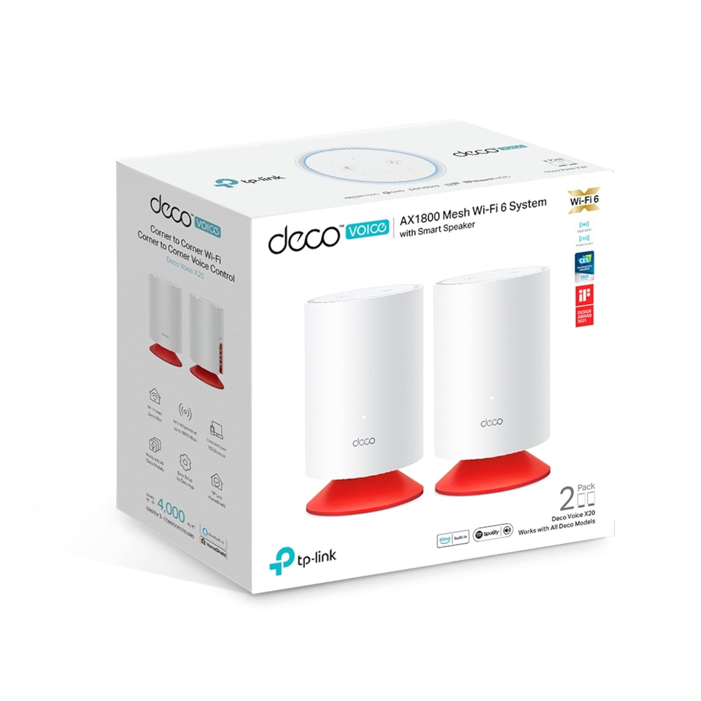 TP-Link Deco Voice X20 2 pack Wifi 6 Booster, AX1800 Whole Home Mesh Wi-Fi Router, Dual-Band internet booster, Gigabit Ports, Extended Coverage up to 4000 ft2, HomeShield, Works with Alexa AX1800 WiFi 6