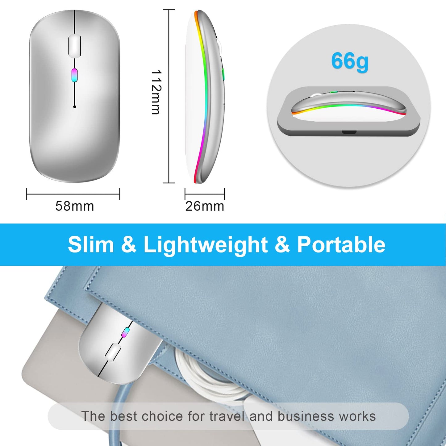 Wireless Mouse, Bluetooth Mouse for Laptop and 2.4Ghz USB Mouse for Computers, Rechargeable Silent cordless mouse with USB C Adapter Compatible with iPad,Macbook air/pro,chromebook,Desktop,PC, Silver