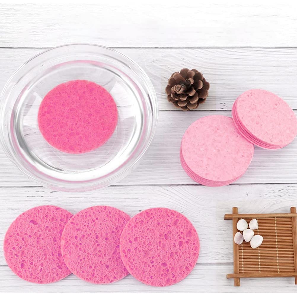 60 Pcs Compressed Facial Sponge, 60mm/2.4 Inch Natural Wood Pulp Cotton Facial Washing Sponge for Facial Cleansing, Exfoliating Mask, Makeup Removal(Round, Pink+White) (Pink)