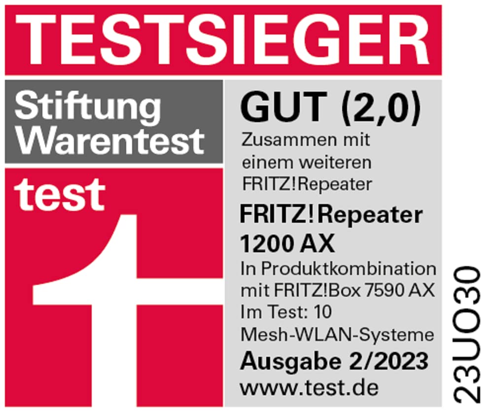 AVM FRITZ! Repeater 1200 AX (Wi-Fi 6 repeater) equipped with two radio units 5 GHz band (up to 2,400 Mbps), 2.4 GHz band (up to 600 Mbps), German-language version) Wi-Fi Repeater Single