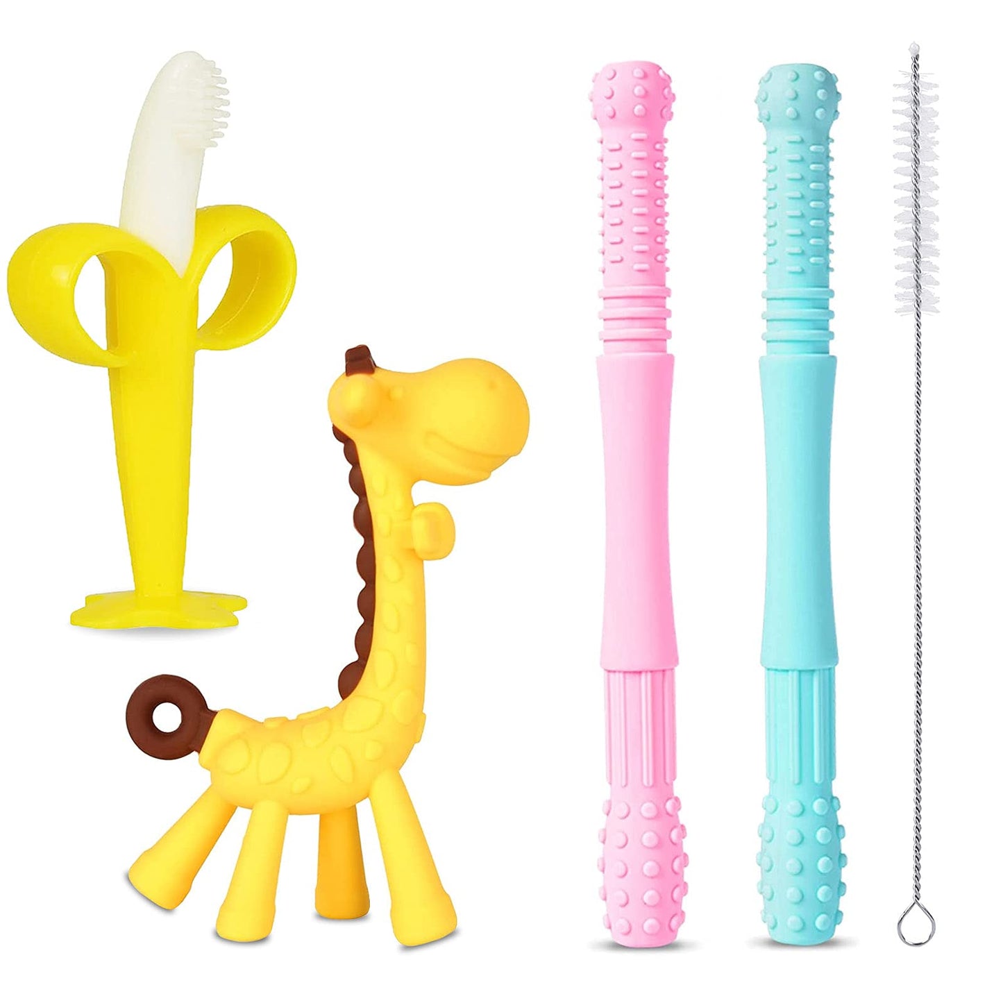 4 Pcs Teething Toys for Baby, QpenguinBabies Baby Teether with a Cleaning Brush, Soft Silicone Teething Straws Hollow Teething Tubes Banana Giraffe Teethers Set for Babies Toddlers