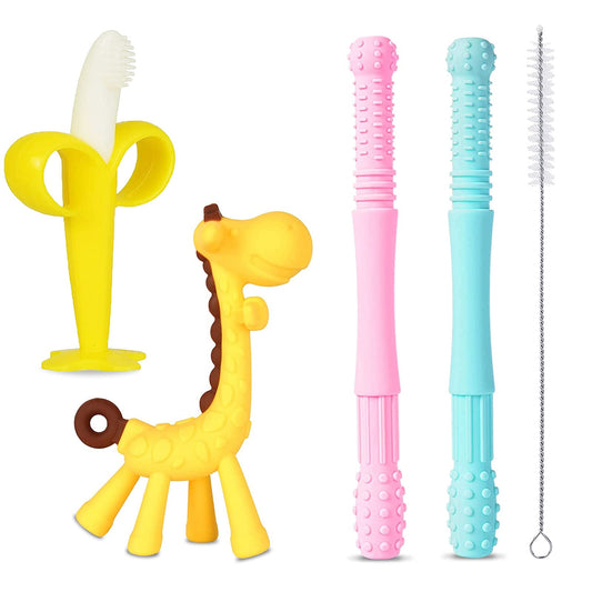 4 Pcs Teething Toys for Baby, QpenguinBabies Baby Teether with a Cleaning Brush, Soft Silicone Teething Straws Hollow Teething Tubes Banana Giraffe Teethers Set for Babies Toddlers