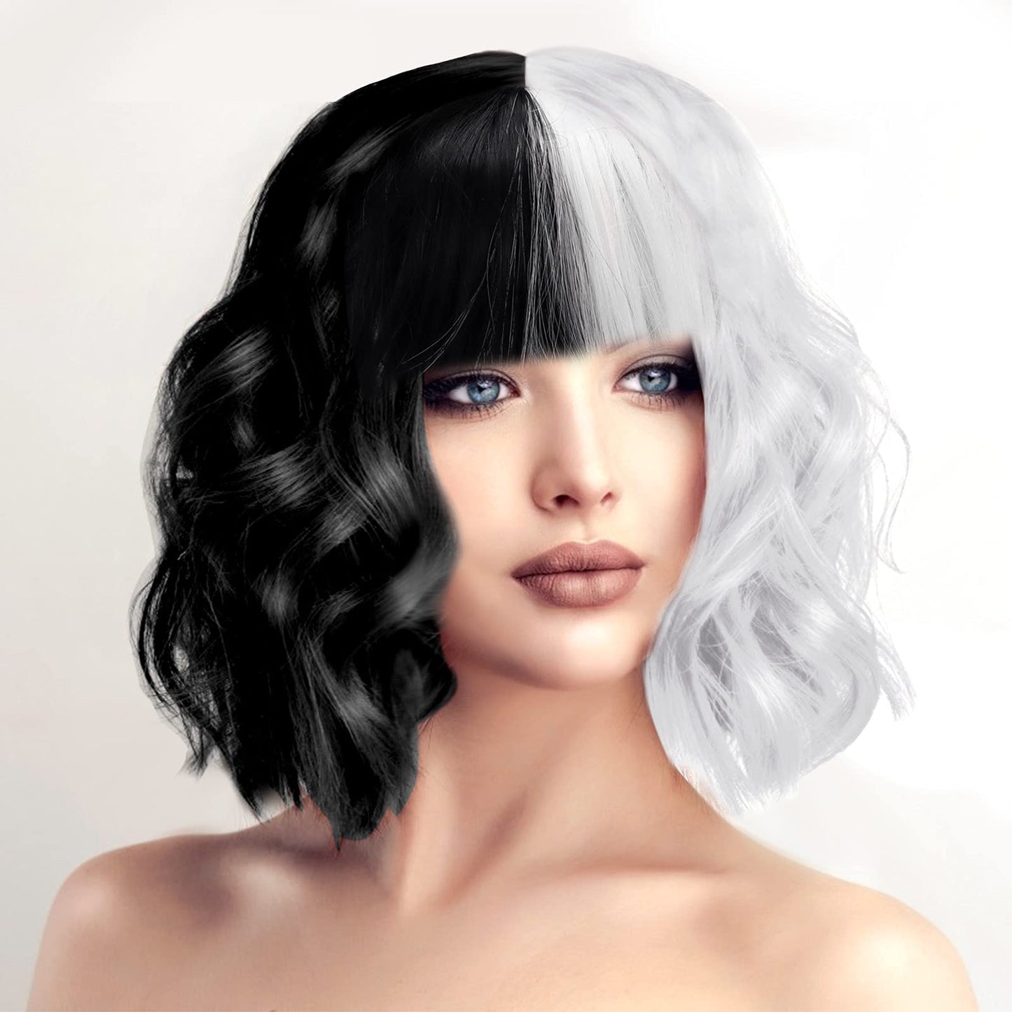 Wavy Black White Wig Two-color Wig, Half Black and Half White Short Wavy Curly Hair for Halloween Christmas Carnival Party and Cosplay Party Costume Accessories