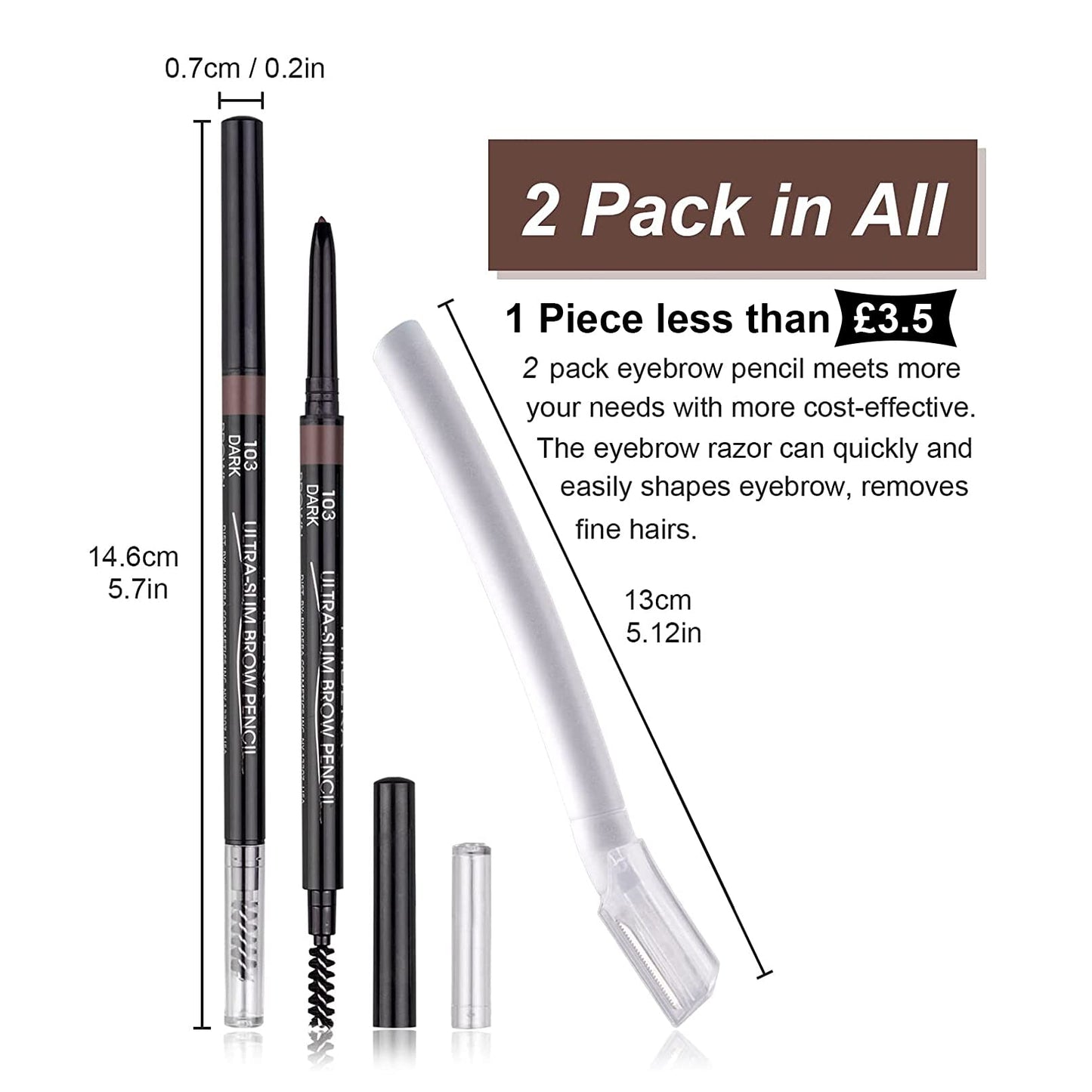 2 Packs Ultra Slim Eyebrow Pencil, Micro Brow Definer Pencil with eyebrow razors, Waterproof, Long-lasting, Precise Fine Tip Applicator for Perfect Brows, Dark Brown