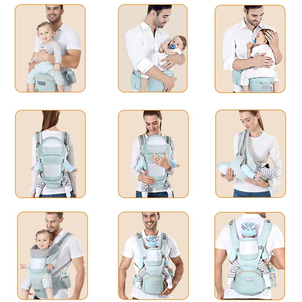 Azeekoom Baby Carrier Ergonomic with Hip Seat, Cotton Child Carrier Dorsal and Ventral, Lightweight Breathable, Adjustable Headrest for Babies and Children from 3 to 48 Months(Light Green) Light Green