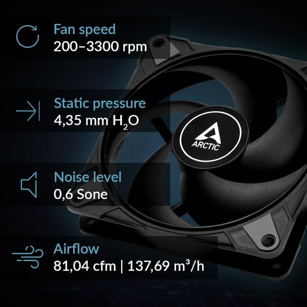 ARCTIC P12 Max - PC Fan, High-Performance 120mm Case Fan, PWM controlled 200-3300 rpm, Optimised for static pressure, 0dB mode, Fluid Dynamic Bearing - Black 1 Piece, black