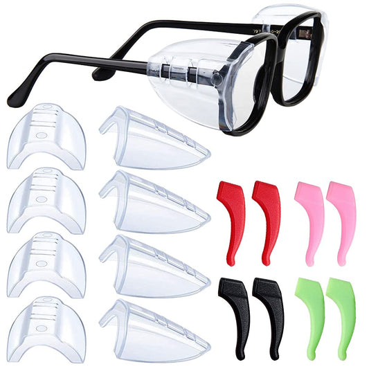 AFUNTA 4 Pairs Safety Glasses Side Shields, Flexible Slip On Side Shields for Prescription Glasses with 4 Pairs Silicone Anti-Slip Ear Grip Hooks, for Small to Medium Eyeglasses