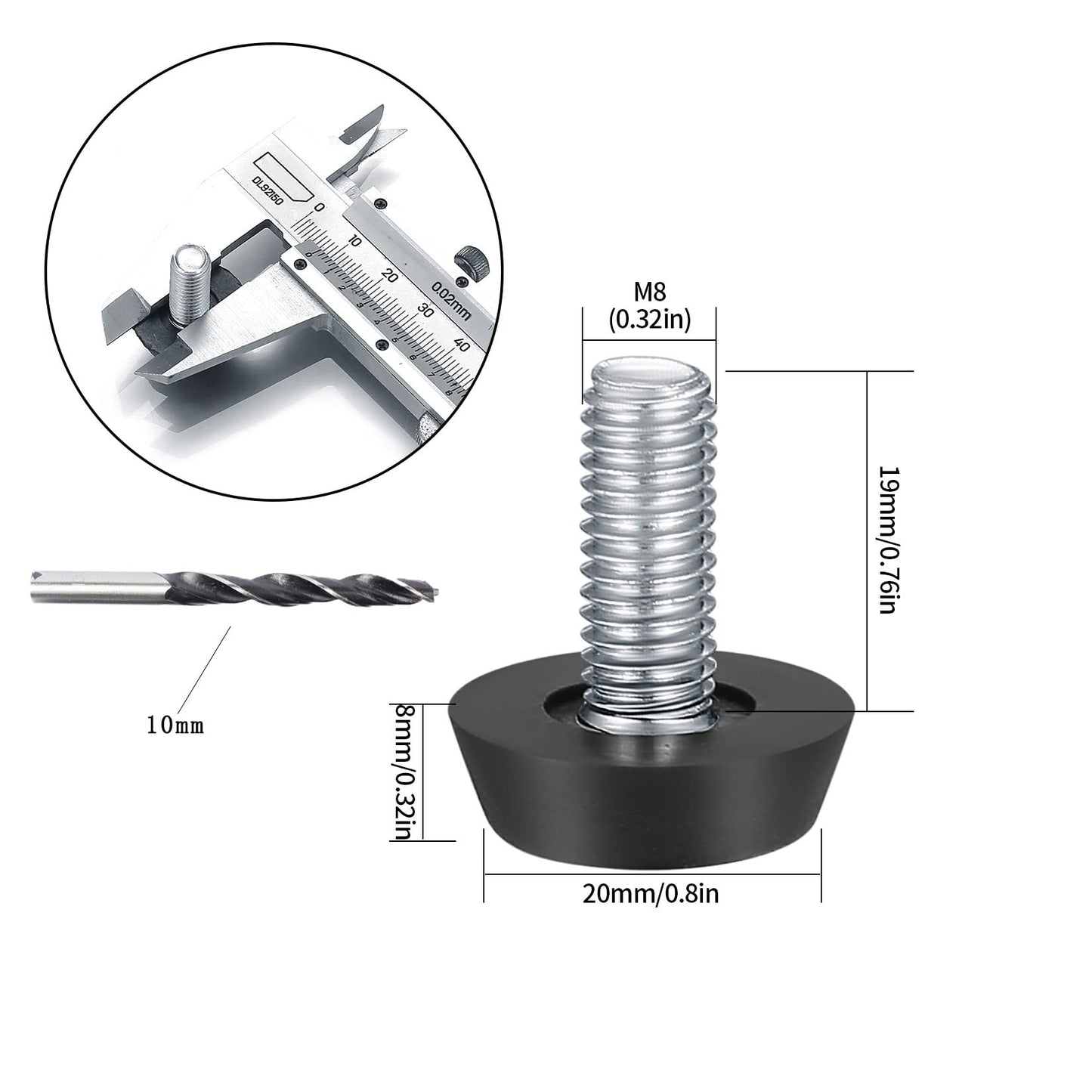 22PCS Furniture Leveling Feet Adjustable Table Foot, M8X23X27mm Screw On Furniture Leveller Foot Floor Protector Round Base Foot Screw for Chair Leg