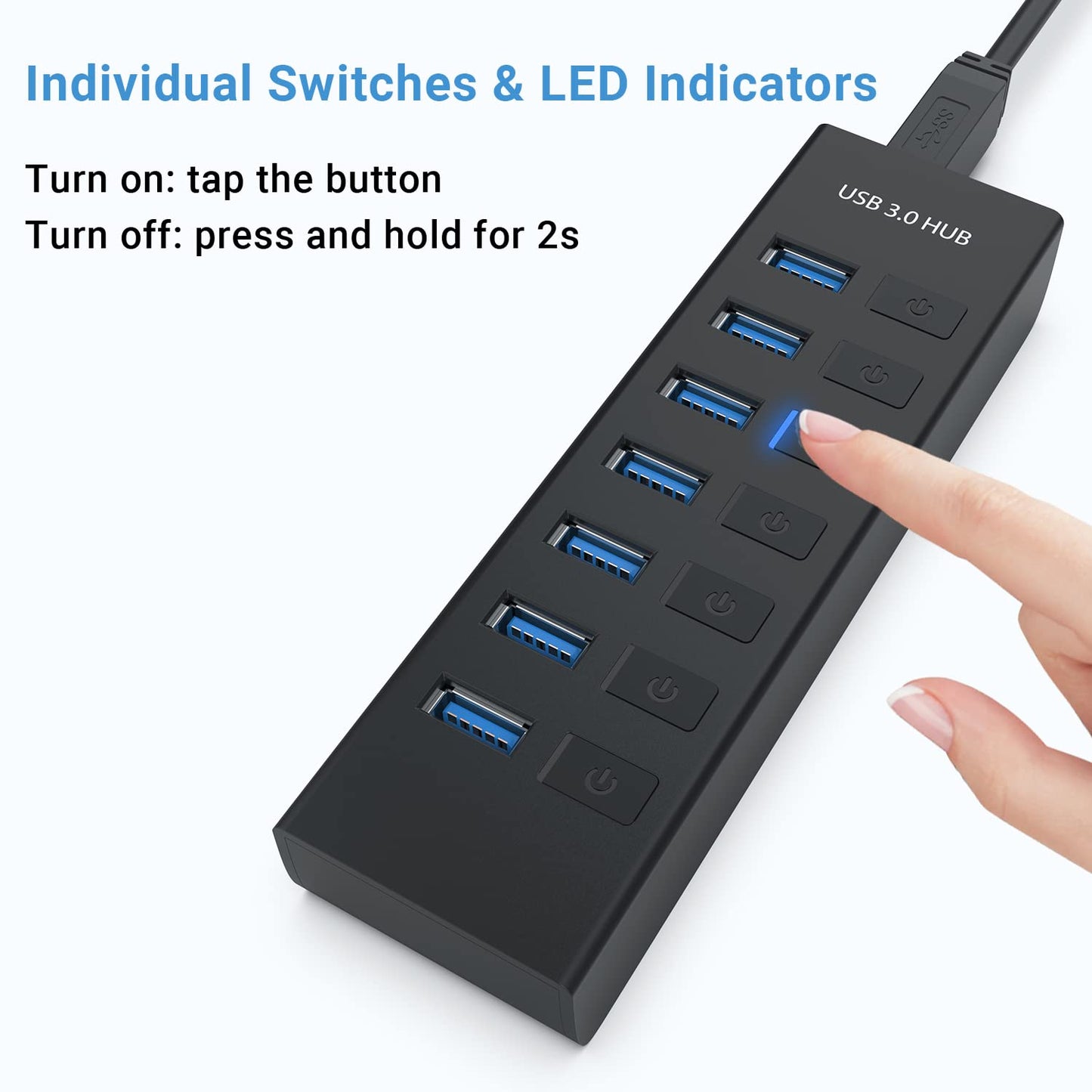 USB HUB, JESWO USB Hub 3.0-7 Port USB Extension with Individual Switch with LED Indicator, 5V Power Port, 100cm Long Cable, Multi Port USB Splitter Extender for Laptop PC Macbook Pro and More