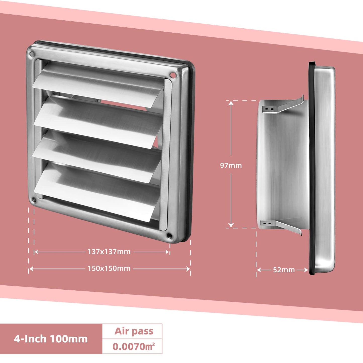 WeCooper 304 Stainless Steel Gravity Grille 100mm 4 inch Ducting Air Vent Cover with Not-Return Shutters 100mm 4-Inch Louver