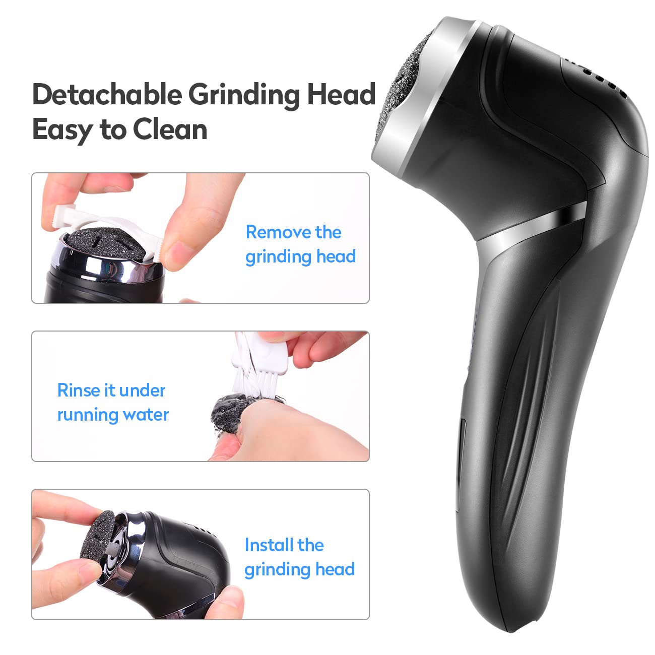 Asiaark Electric Foot File Hard Skin Remover, Foot Skin Callus Remover Sander Scraper Grinder Rechargeable Pedicure Tools for Dry Dead Skin with 3 Replacement Heads (Black) Black