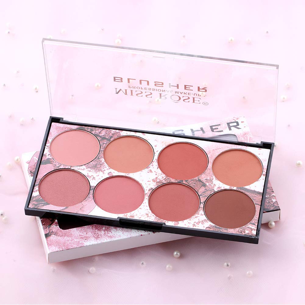 8 Colors Blush Palette,Bright Shimmer Face Blush Powder, Matte Mineral Blush Palette with Brush,Professional Facial Makeup Blusher，Contour and Highlight Blush Palette