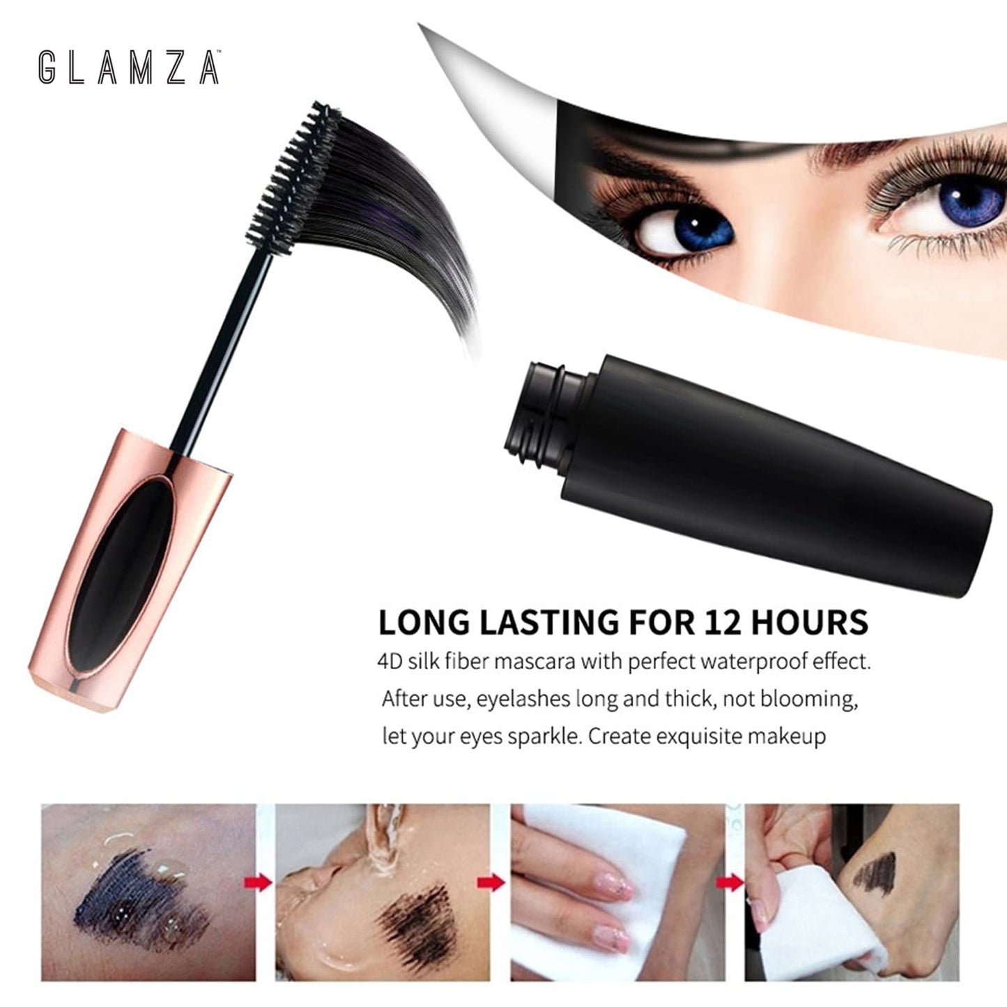 4D Mascara x3 GLAMZA Long Lash Silk Fibre Mascara for Longer, Thicker Lashes - Waterproof & Smudge Proof (Black)