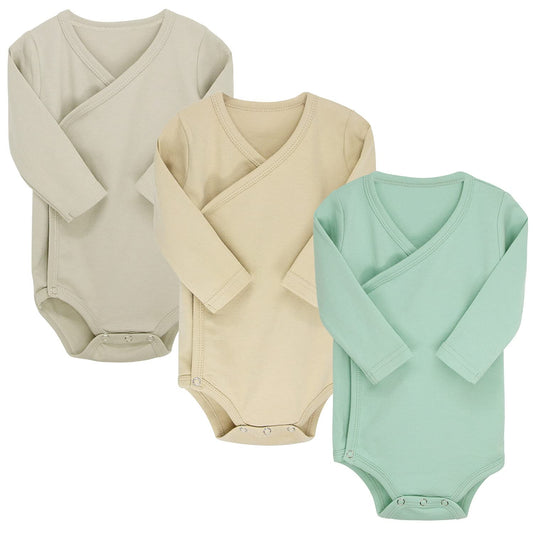 BINIDUCKLING Baby Long Sleeve Side Snap Bodysuit, 100% Cotton Baby Grows - Solid Baby Onesies for Boys Girls Newborn-12 Months, 3 Pack 3-6 Months Green&Beige&Grey