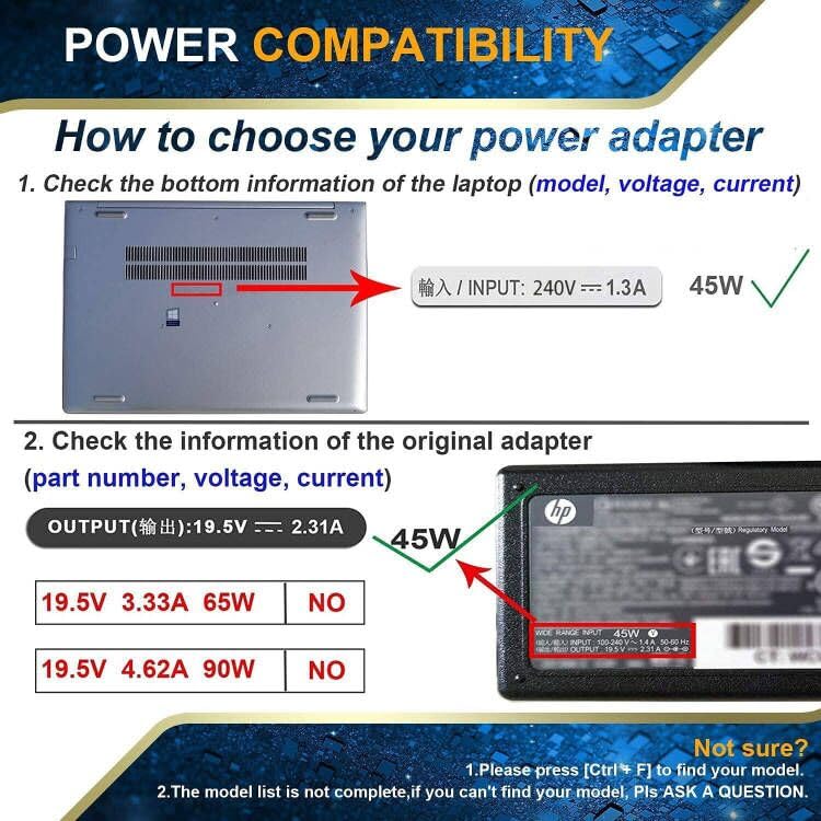 45W Hp Laptop Charger, 19.5V 2.31A Notebook Power Adapter For HP Stream 11 13 14, Elitebook Folio, Envy, Spectre Ultrabook, Probook, Chromebook 11 14, Pavilion 11 13 15(4.5mm x 3mm) 45W HP Charger