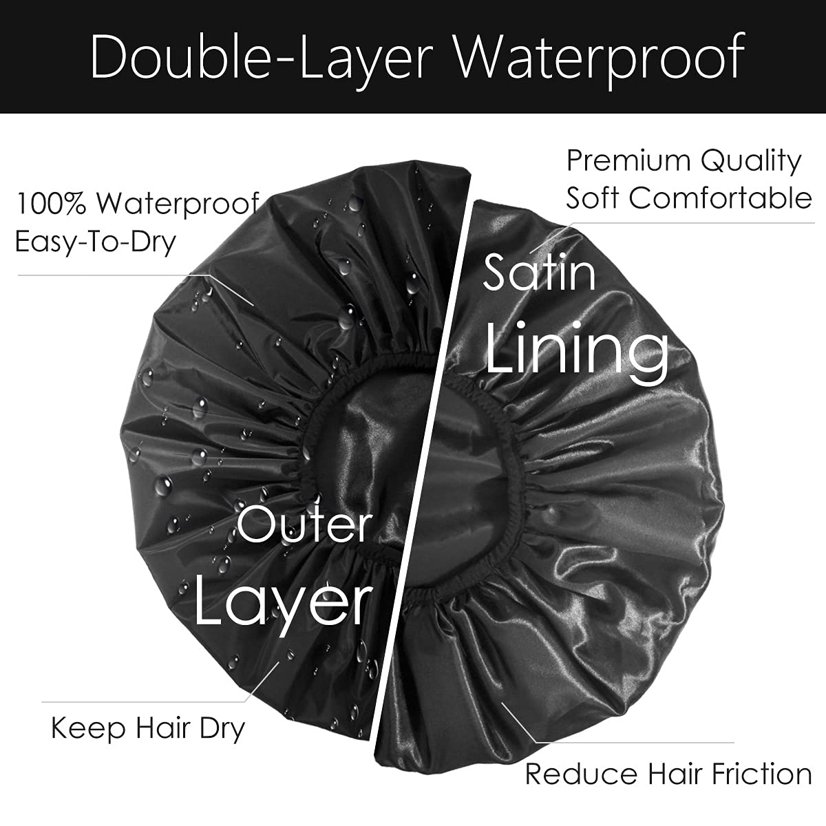 Auban Extra Large Shower Cap, Double-Layer Waterproof Reusable, XL Satin Lining Shower Bonnet for Women Thick, Long Hair, Locs, Braids(Black) Black