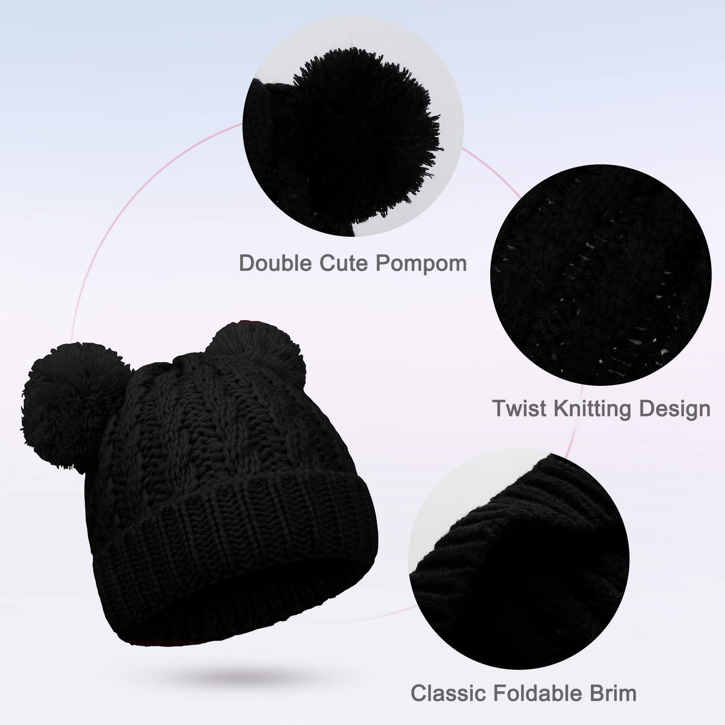 Baby Girls Bobble Hat - Toddler Winter Beanie Hats Kids Warm Knitted Beanies Double Pom Pom Hats Bonnet Cap for Children Boys Girls 1-6Y One Size Black