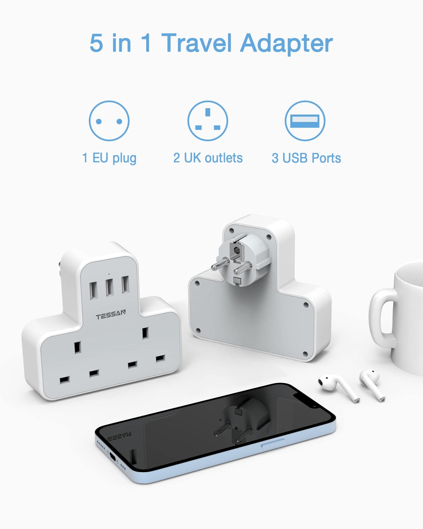 UK to European Plug Adapter, TESSAN Grounded Schuko European Plug Travel Adapter with 3 USB, UK to EU Euro Europe for Spain France Iceland Germany Greece Poland Type E F Adaptor 1