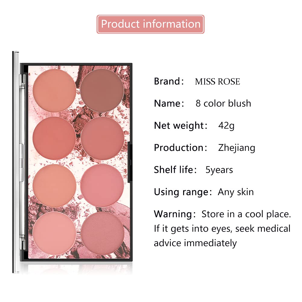 8 Colors Blush Palette,Bright Shimmer Face Blush Powder, Matte Mineral Blush Palette with Brush,Professional Facial Makeup Blusher，Contour and Highlight Blush Palette