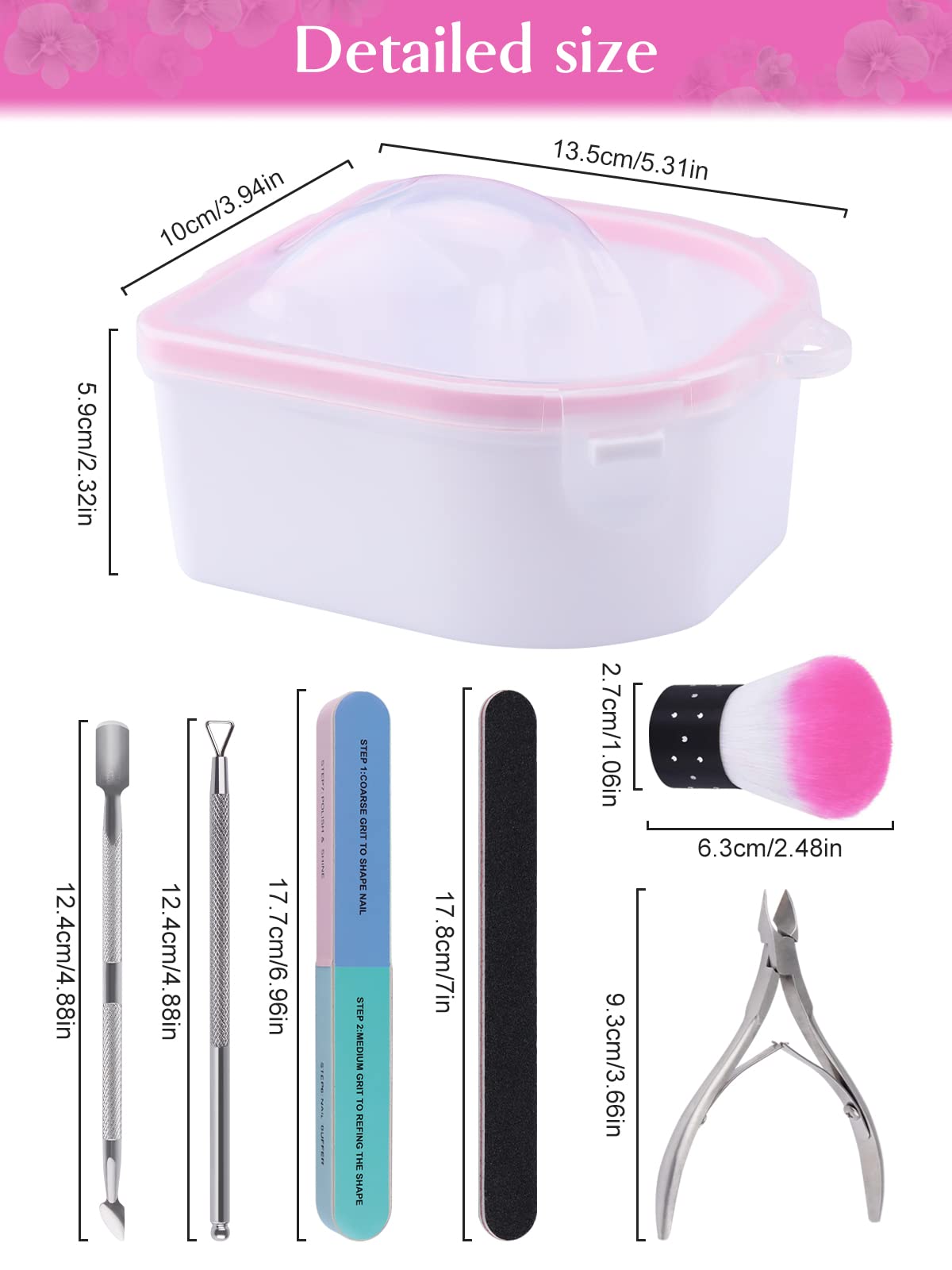 8PCS Nail Soaking Bowls, Kalolary Soak Off Bowl Nail Soak Tray Nail Polish Remove Wash Manicure Spa Tool with Cuticle Peeler, Cuticle Pusher, Nail Files, Brush and Nipper for Home and Salon Use (Pink) Pink