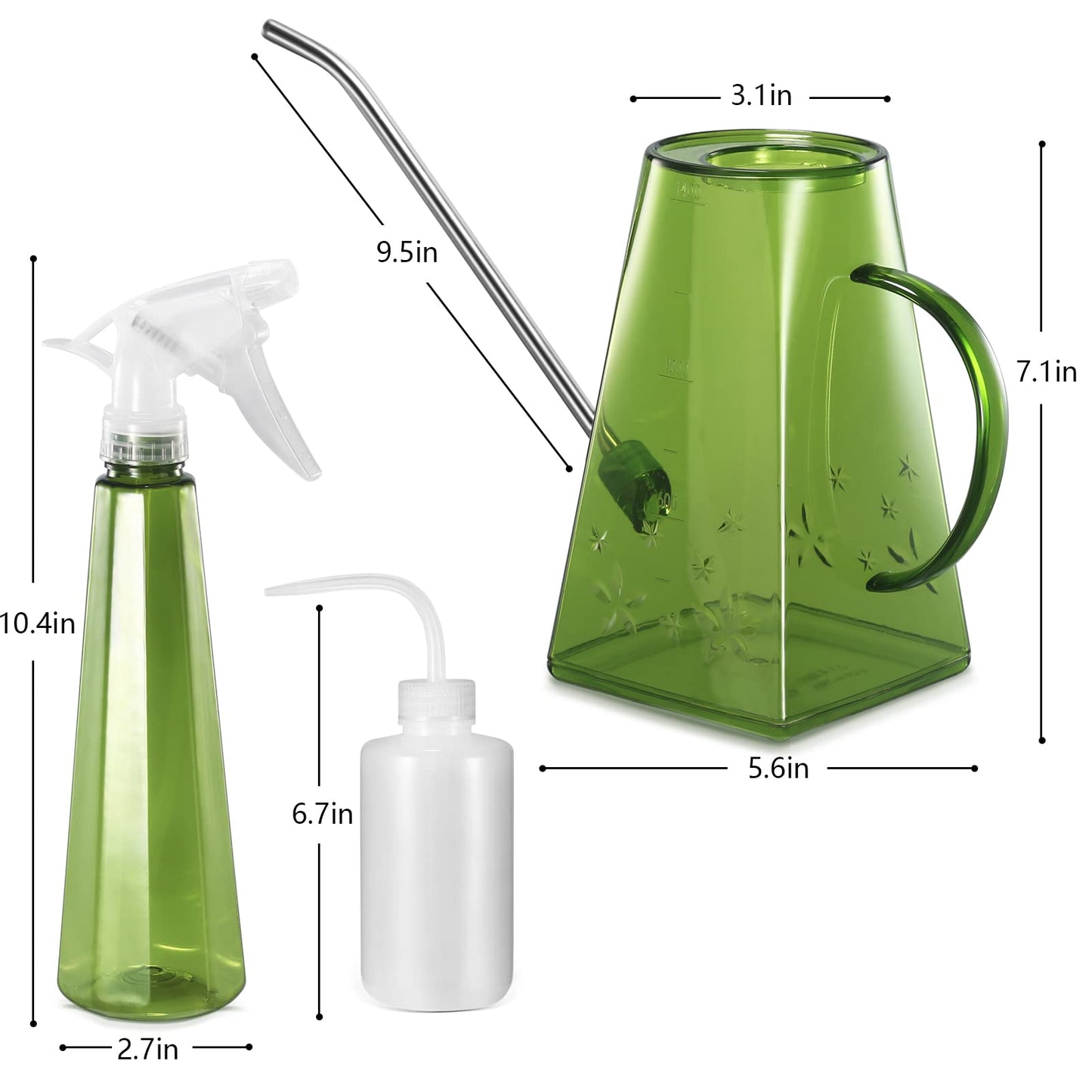 Watering Can, Goowin Watering Can Indoor Plants, Long Spout Small Watering Can for Indoor Outdoor Plants, 1.4 L Indoor Plant Watering Can with Bonus 500 ML Spray Bottle & 250 ML Squeeze Bottle (Green) Green