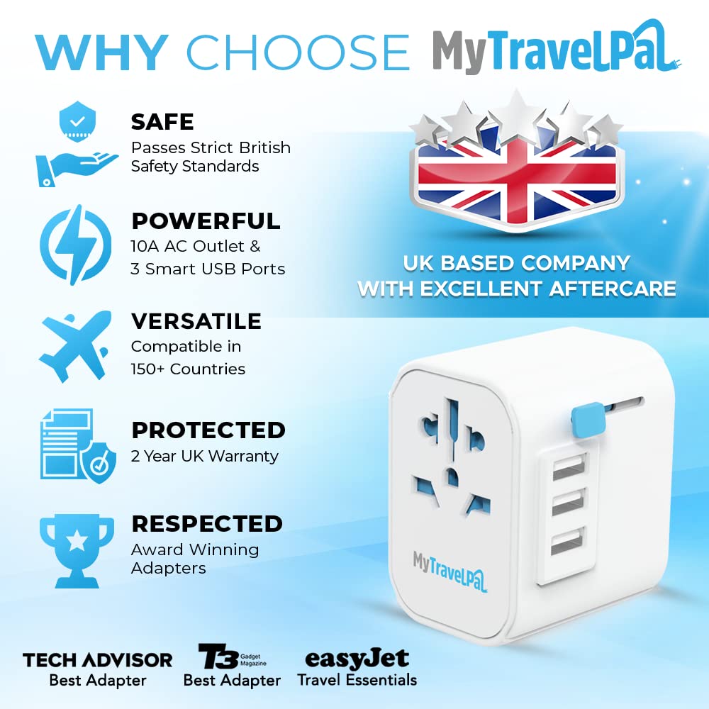 Worldwide Travel Adapter with USB | The Safest All In One Travel Adaptor | MyTravelPal® Pro Grounded Universal Travel Adapter Worldwide | Earthed International World Charger Multi Travel Plug Adapter 3 USB A