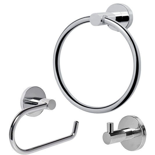 Toilet Roll Holder Set, 3 Pieces Wall Mounted Bathroom Accessory include Chrome Toilet Paper Holder + Stainless Steel Towel Ring + Coat Hooks, Modern Bathroom Hardware Mirror Polished, Silver Silvery 3PCS