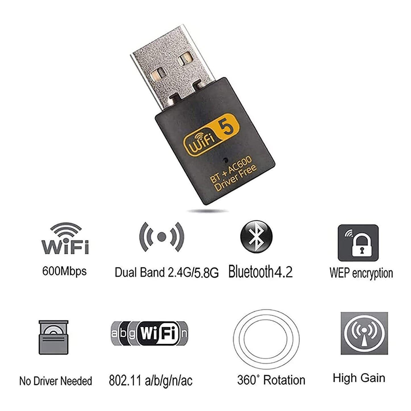 USB WiFi Bluetooth Adapter, 600mbps Wireless Wi-Fi Dongle Driver Free Dual Band 2.4G/5.8G USB Bluetooth Network Card WIFI Receiver for PC Laptop Desktop Windows XP/Vista/7/8/10