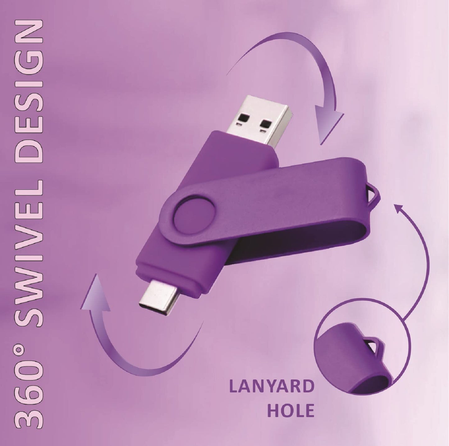 Vixelle 16GB High Speed USB 3.0 Type-C Flash Drive with Lanyard - 360° Swivel Pen Drive with Keychain Loop - 2in1 Dual USB C Memory Stick - 16GB USB Stick for Smartphone, Tablet & Computer - Purple