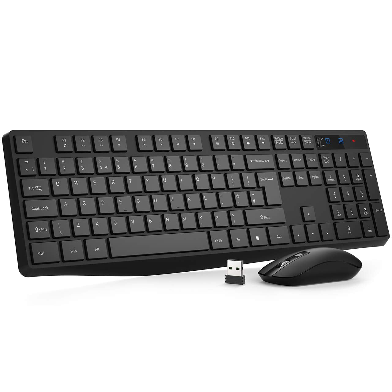 Wireless Keyboard and Mouse Set, Full Size Wireless Keyboard Ergonomic Design & Quiet USB Cordless Mouse Combo UK Layout, 12 Multimedia Shortcuts for Windows Computer PC Laptop Desktop,Black Black