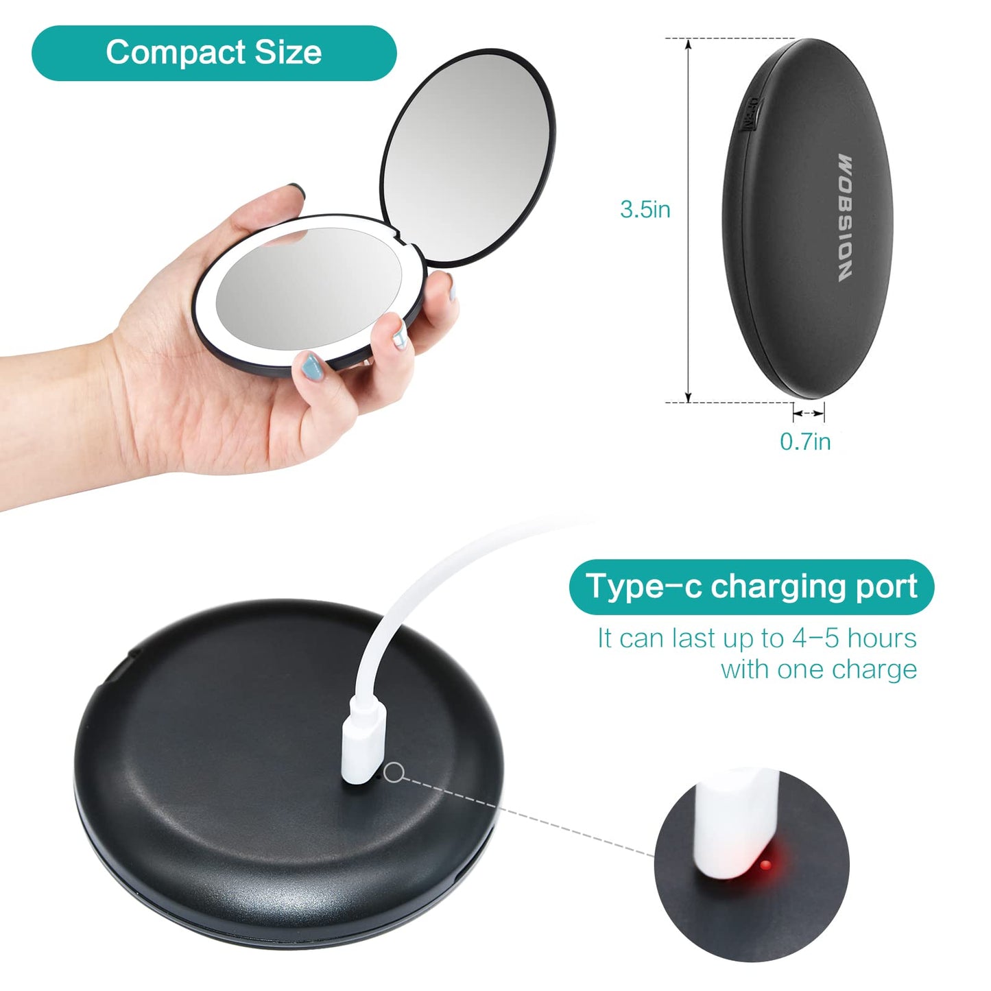 wobsion Rechargeable Compact Mirror,1x/10x Magnification Compact Mirror with Light,Dimmable Led Travel Makeup Mirror,Portable Mirror for Handbag,Purse,Handheld 2-Sided Mirror,Gifts for Girls,Black Rechargeable-black