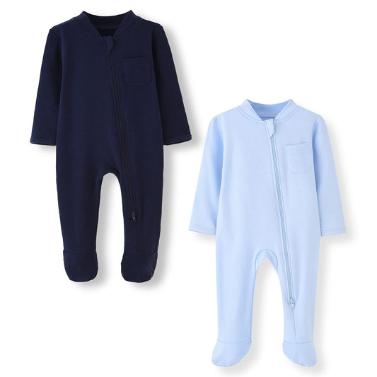 BINIDUCKLING Baby Boys Girls Double Zip Up Sleepsuit - Two-Way Zipper, Baby Footed Pajamas with Mitten Cuffs - Cotton Long Sleeve Onesie for Baby Grows Newborn-12 Month, Pack of 2 Navy&light Blue 0-3 Months