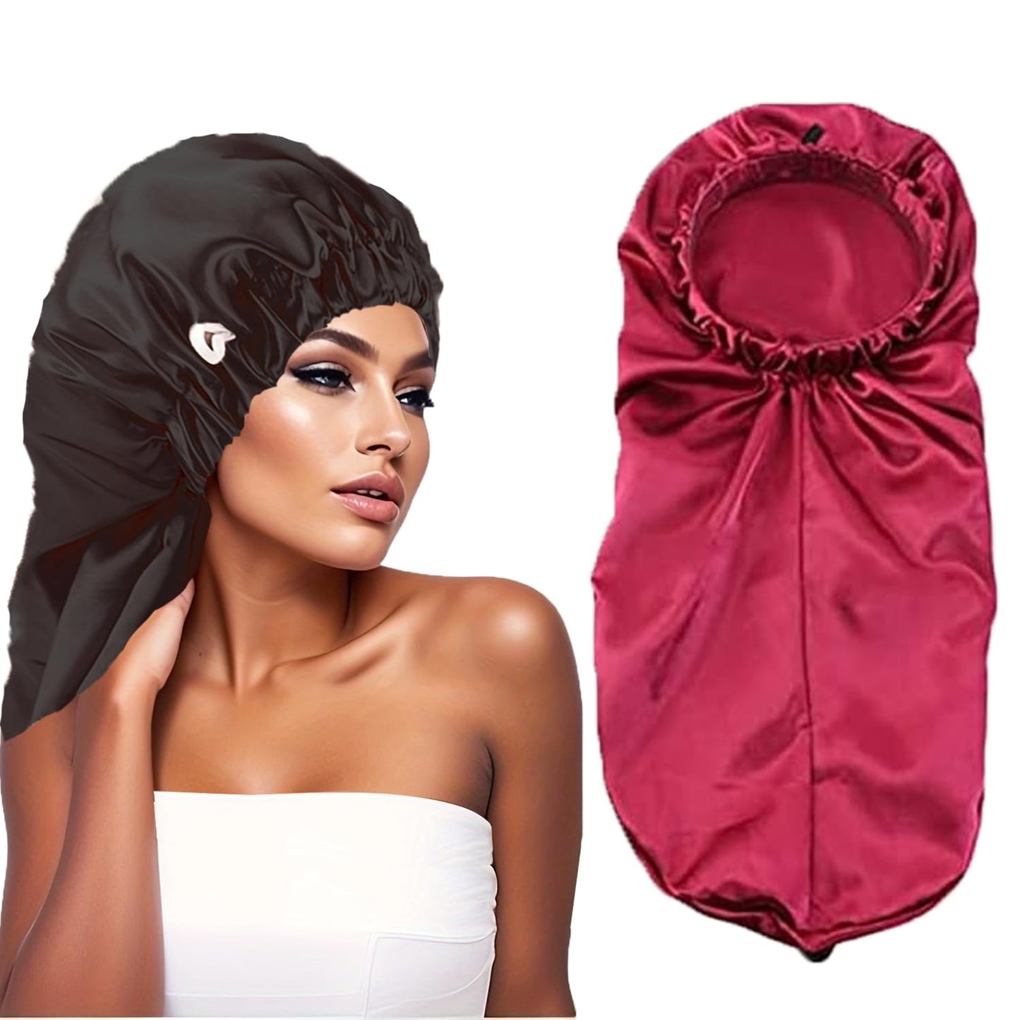 2 Pack Long Satin Hair Bonnet for Women Girls Silky Cap for Sleeping Large Satin Sleep Cap for Long Curly Hair Protection Black+red