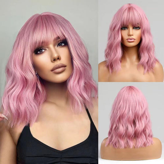 VAIRETY Short Wave Pink Wigs With Bangs, 14 inch Bob Purple Wig with Air Bangs, Curly Fringe Heat Resistant Synthetic Wig, Shoulder Length Wig For Girl Wigs for Christmas Purple Pink