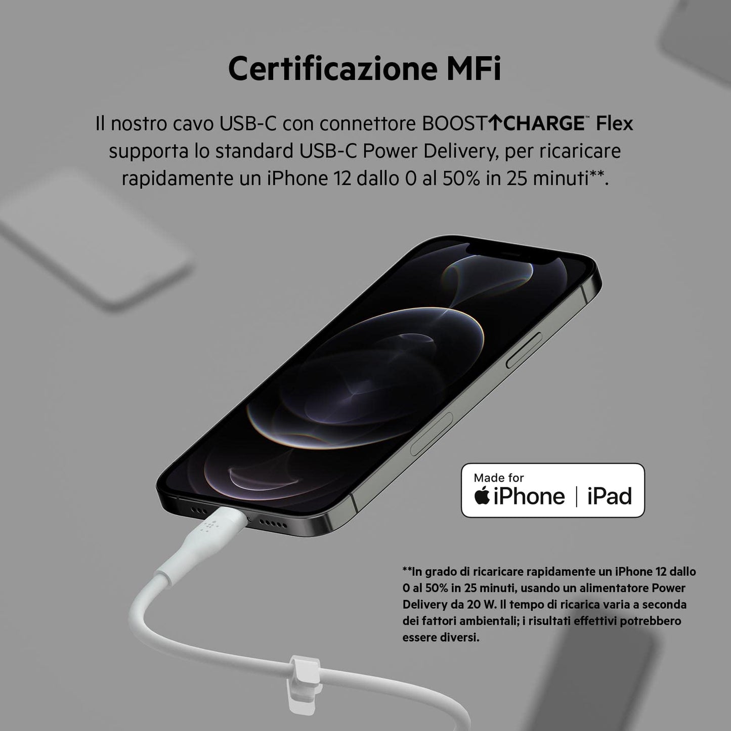 Belkin BoostCharge Flex Silicone USB Type C to Lightning Cable (3M/10ft), MFi Certified 20W Fast Charging PD Power Delivery for iPhone 14/14 Plus, 13, 12, Pro, Max, Mini, SE, iPad and More - White 3M