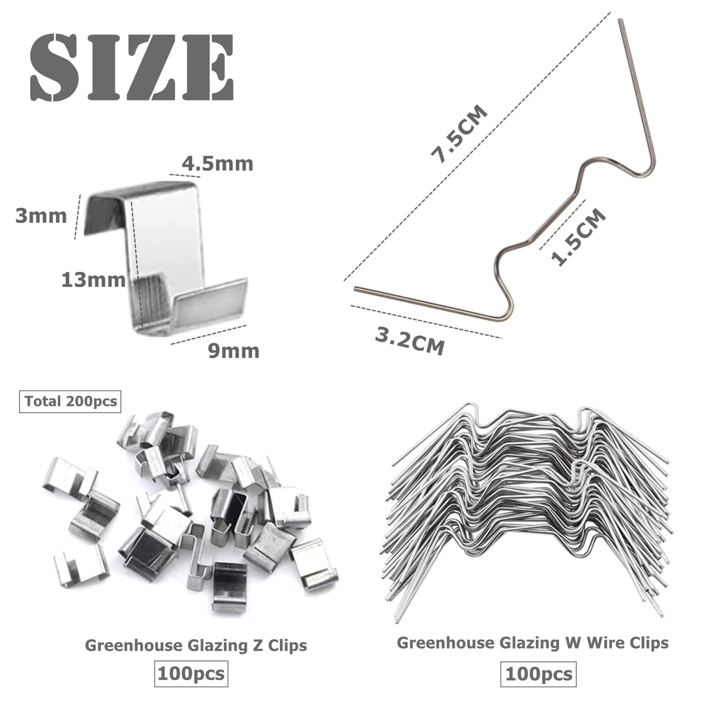 200pcs Greenhouse Glass Clips Stainless Steel Greenhouse Window Clips Glass Pane Fixings Clips,100x Greenhouse Glazing W Wire Clips and 100x Z Overlap Clips for Greenhouse Glass Replacement Accessorie 200