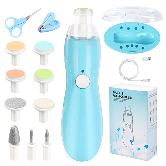 Vicloon Baby Nail File, 11 in 1 Electric Nail Trimmer Clippers Manicure Set LED Light Whisper Quiet Design, Baby Nail Trimmer Clippers Kit with 9 Grinding Heads &1 Nail Cutter for Newborn or Women Blue