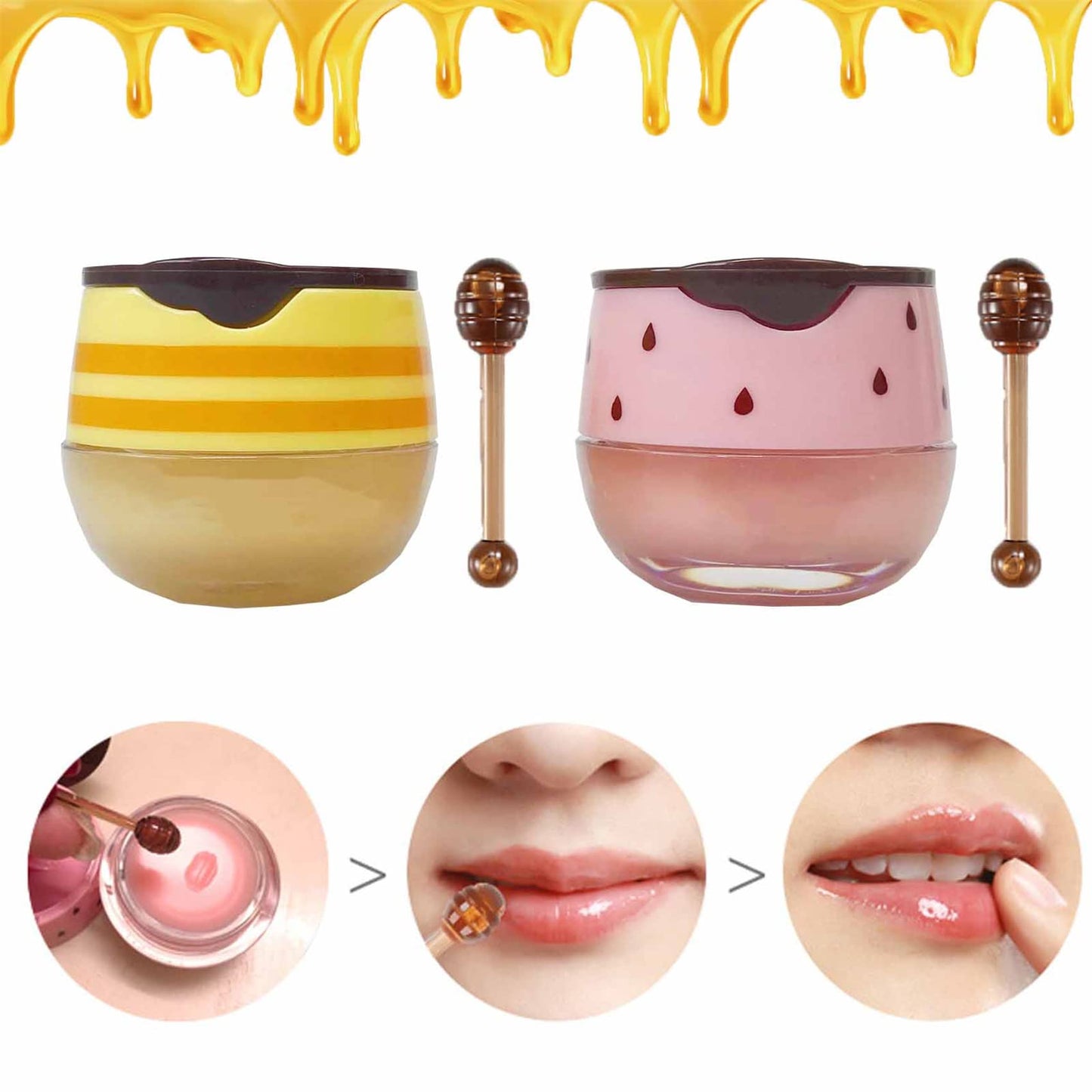 2PCS Bee Lip Balm Honey Pot, Honey & Strawberry Propolis Moisturizing, Hydrating & Prevention Dry and Cracked Lip Scrubs Exfoliator (A) A