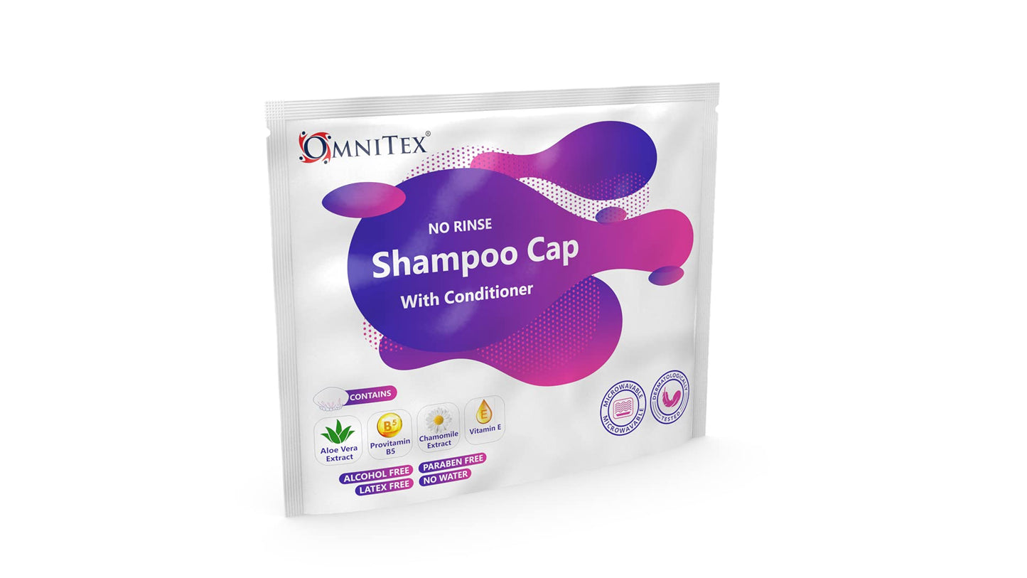 5pk - Omnitex Premium Rinse Free Shampoo Cap - Microwaveable | with Conditioner & Vitamins | Nourish & Protect with Herbal Extracts & Barrier Cream | No Water, No Parabens, Latex Free, Alcohol Free 1 count (Pack of 5)