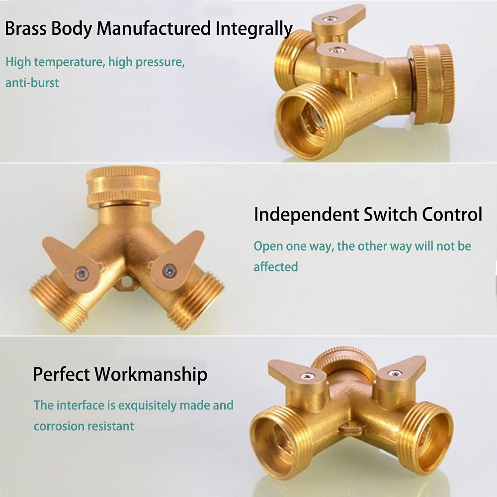 2 Way Tap Connector, Solid Brass Double Hose Connector for Outdoor Tap 2 Way Garden Hose Splitter Brass Manifold with 2 x 3/4 Inch Brass Water Tap Connection for Garden Irrigation