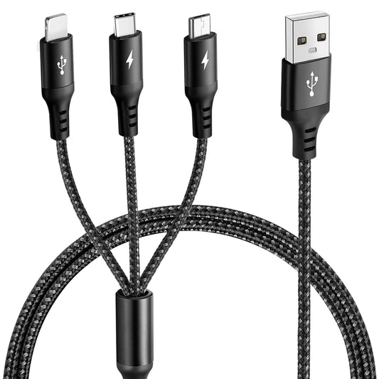 UZAHSK Multi USB Charger Cable 3.5A, 1.8m Charging Cable Nylon Braided Fast Charge Universal 3-in-1 Charging Cord Adapter for IP/Type-C/Micro-USB Ports Compatible with Cell Phones, Tablets (Black) Black 1.8Meter