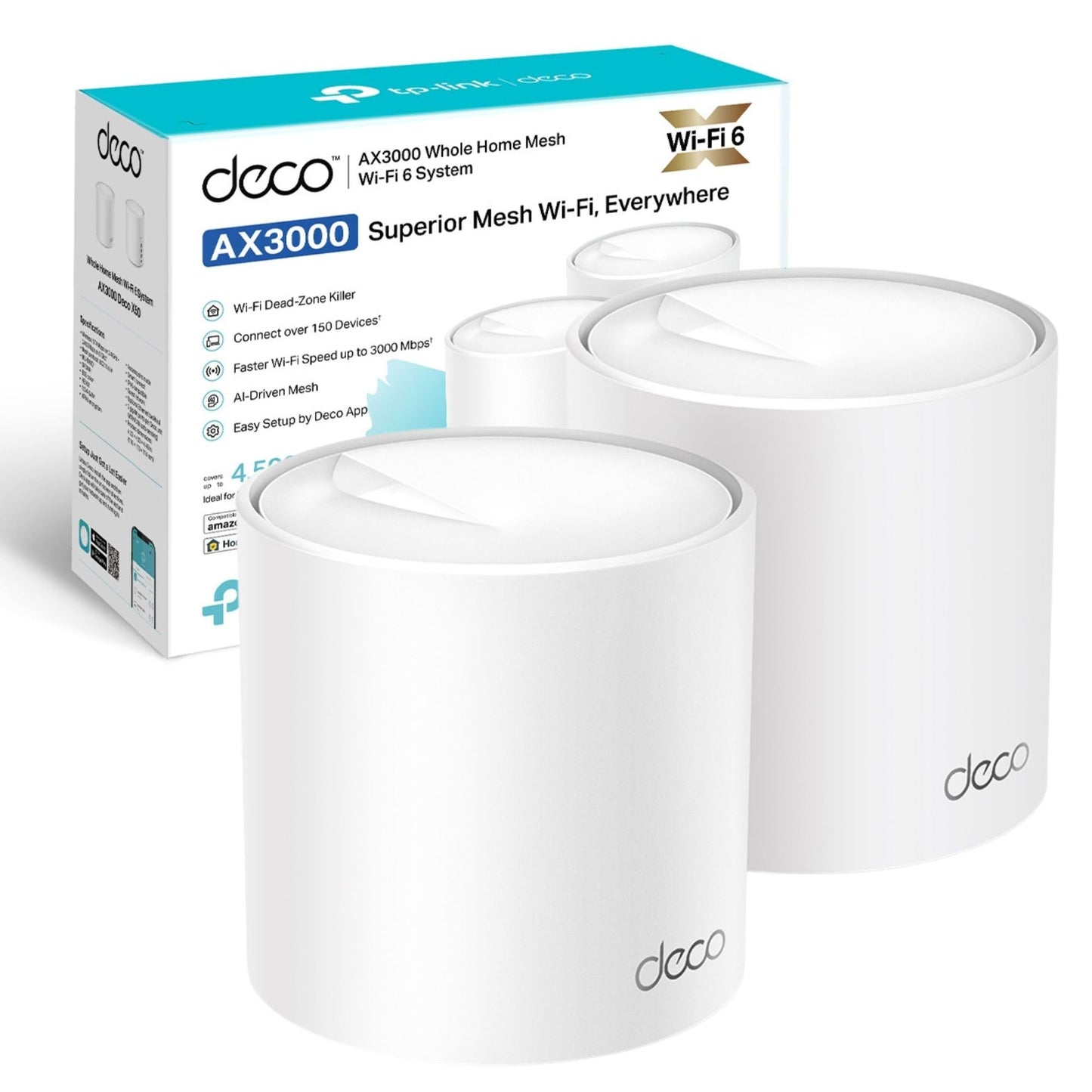 TP-Link Deco X50 AX3000 Whole Home AI-Driven Mesh Wi-Fi 6 System, Dual-Band with Gigabit Ports, Coverage up to 4,500 ft2, Connect up to 150 devices, 1 GHz Dual-Core CPU, HomeShield Security, Pack of 2 AX3000 WiFi 6 2 Pack