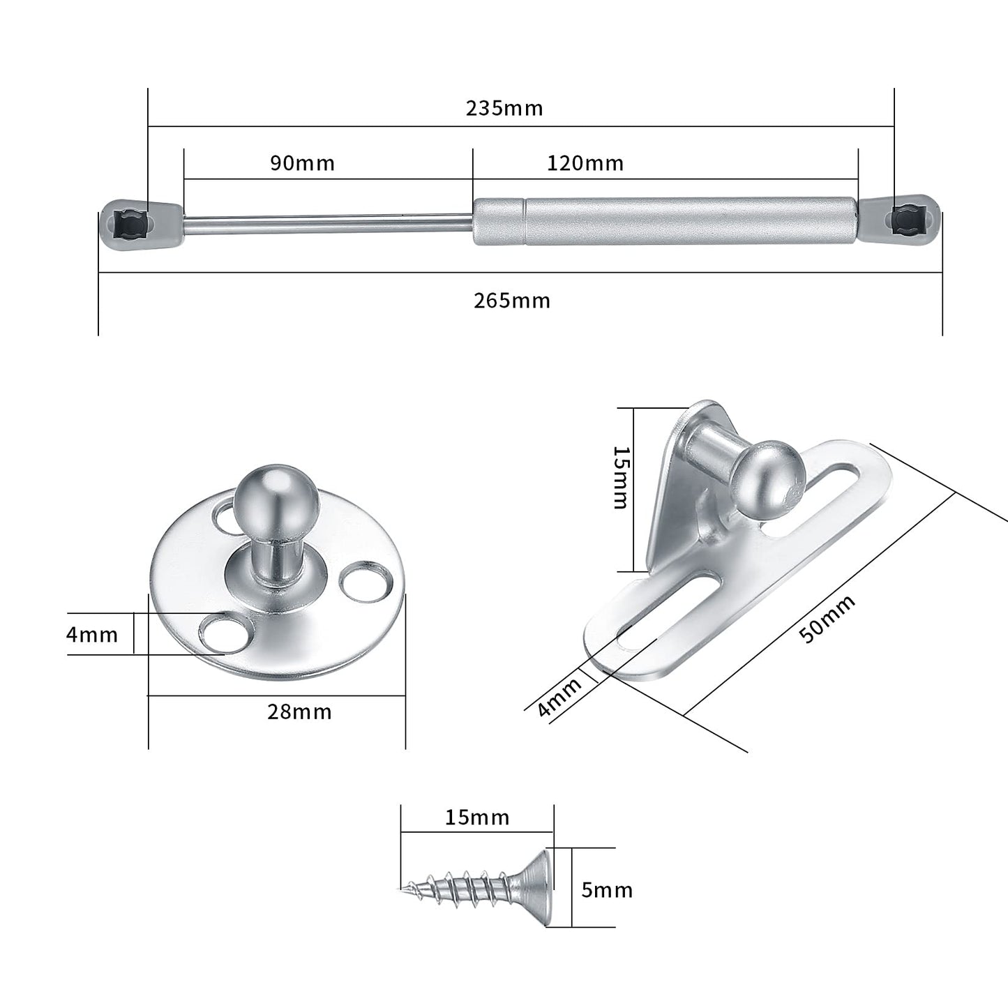 4 Pcs Gas Lift Strut Kit, Gas Spring Strut Lift Stay Support, 100N/10KG Kitchen Cupboard Wardrobe Cabinet Door Soft Close Gas Spring Strut Damper Hinge Flap Fittings Door Stay (Silvery-4) (4) 4