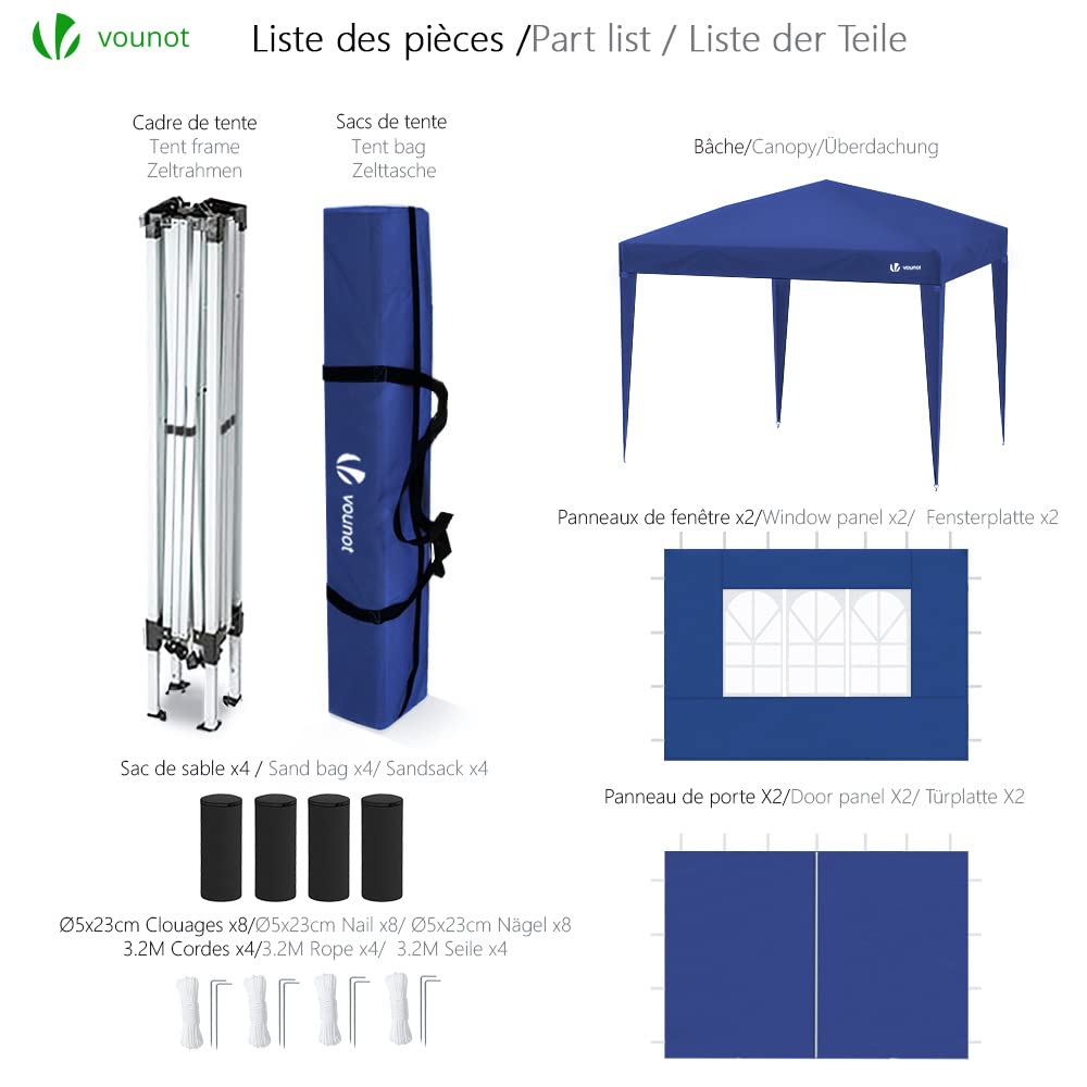 VOUNOT 3m x 3m Pop Up Gazebo with Sides & 4 Weight Bags & Carry Bag, Blue