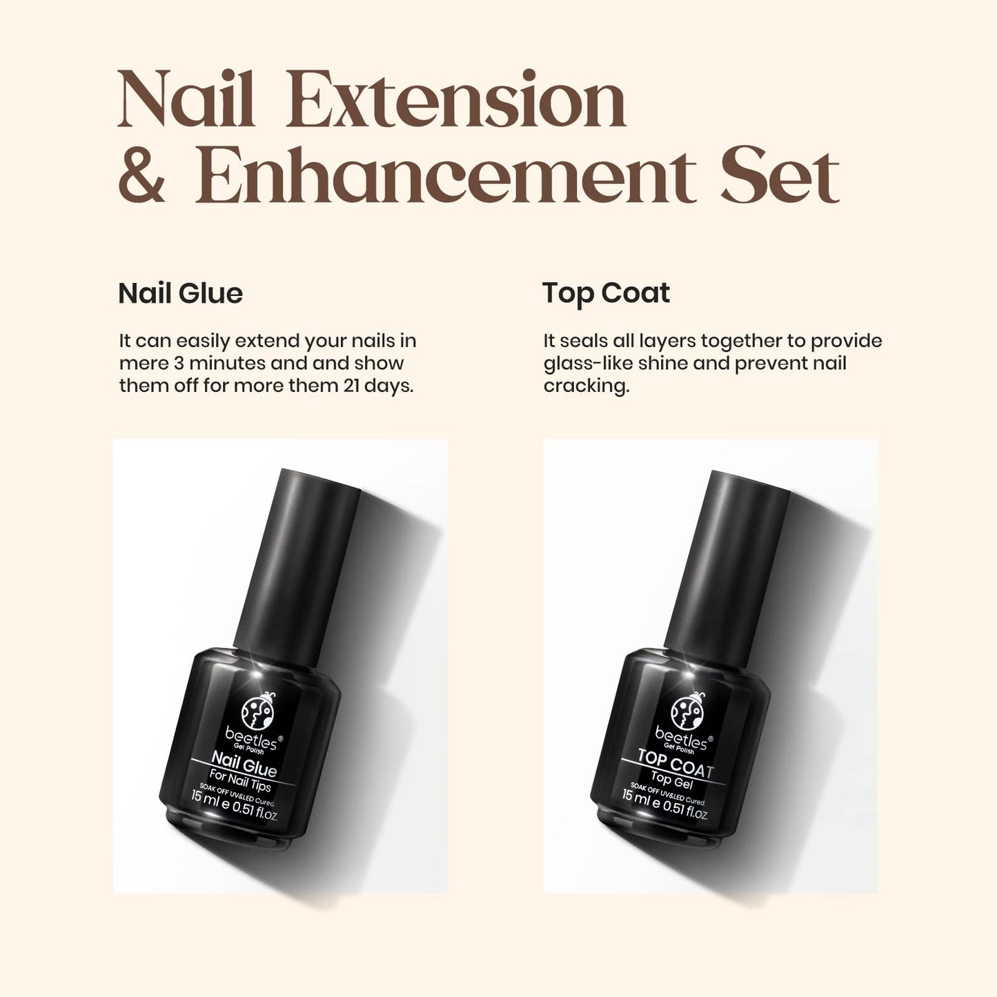 Beetles Gel Polish 2 in 1 Nail Glue and Base Gel Kit for Acrylic Nails, 2PCS 15ML Super Strong Brush On Nail Glue Gel And Top Coat for False Nails and Gel Nail Polish, UV/LED Lamp Required A-Nail Glue and Top Coat