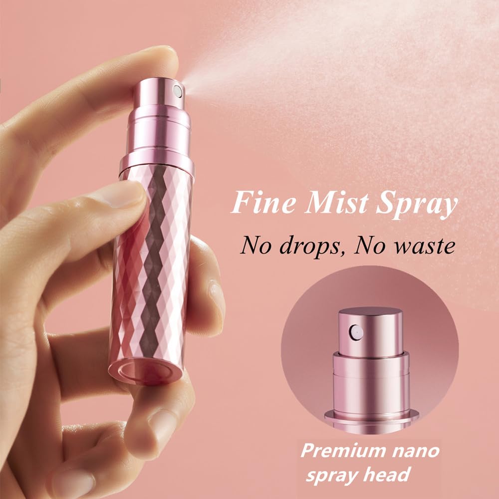 Aurdox Perfume Atomiser Refillable, Mini Perfume Travel Bottle, Small Perfume Spray Bottles with Bottom Pump, Leaking Proof and Portable for Women and Men, Elegant Dimond Design,5ml Pink